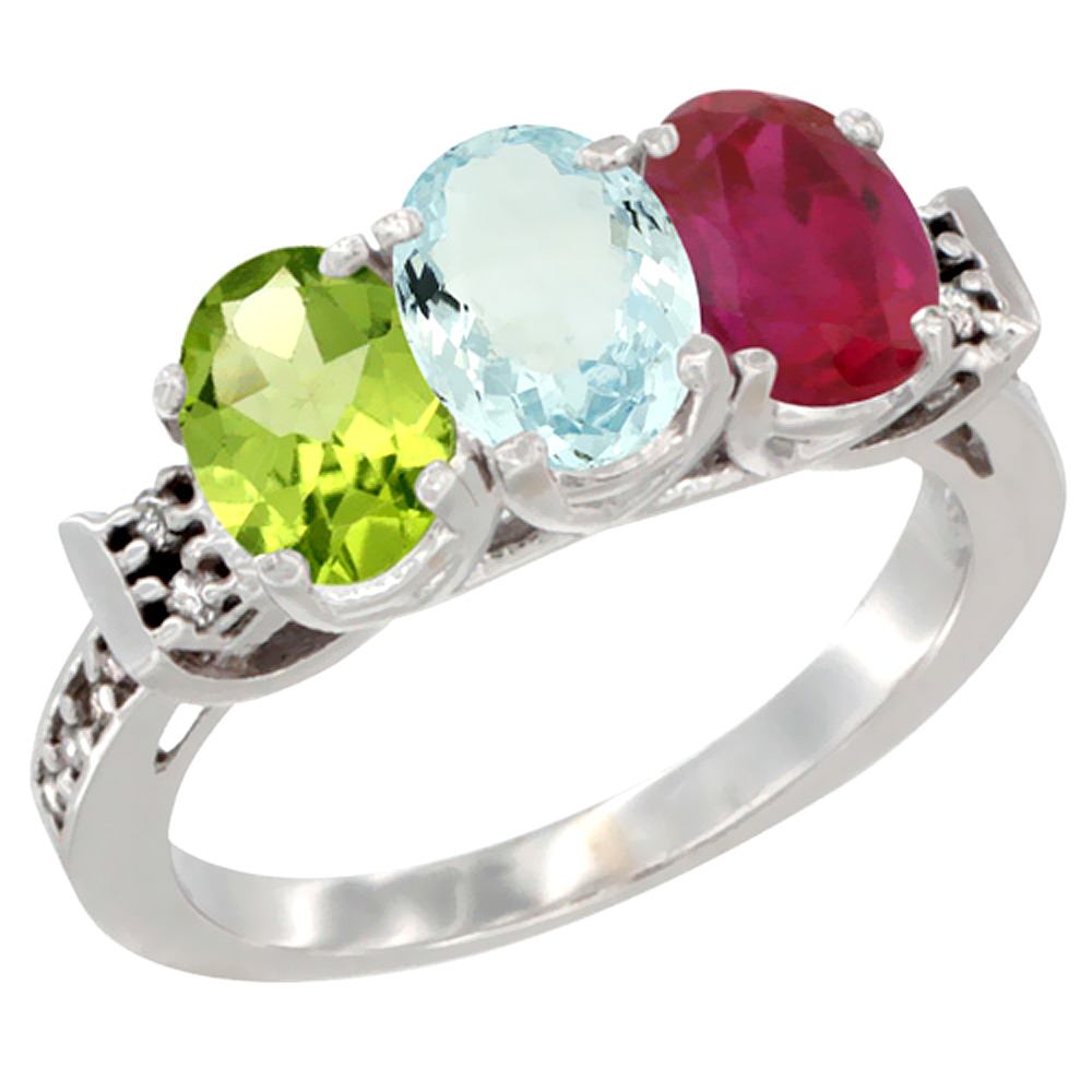 10K White Gold Natural Peridot, Aquamarine & Enhanced Ruby Ring 3-Stone Oval 7x5 mm Diamond Accent, sizes 5 - 10