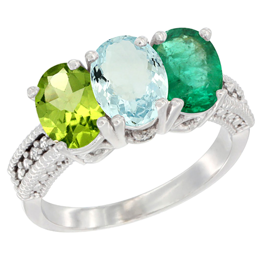 10K White Gold Natural Peridot, Aquamarine & Emerald Ring 3-Stone Oval 7x5 mm Diamond Accent, sizes 5 - 10