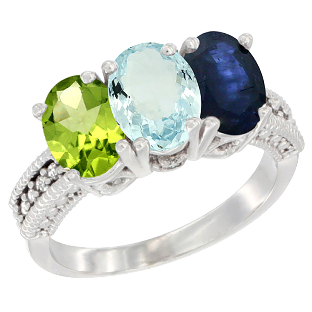 10K White Gold Natural Peridot, Aquamarine &amp; Blue Sapphire Ring 3-Stone Oval 7x5 mm Diamond Accent, sizes 5 - 10