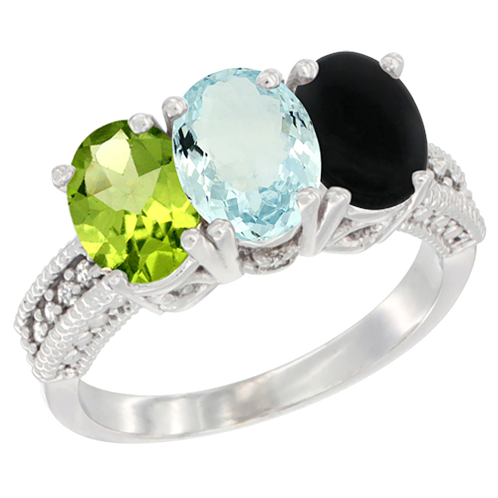 10K White Gold Natural Peridot, Aquamarine & Black Onyx Ring 3-Stone Oval 7x5 mm Diamond Accent, sizes 5 - 10