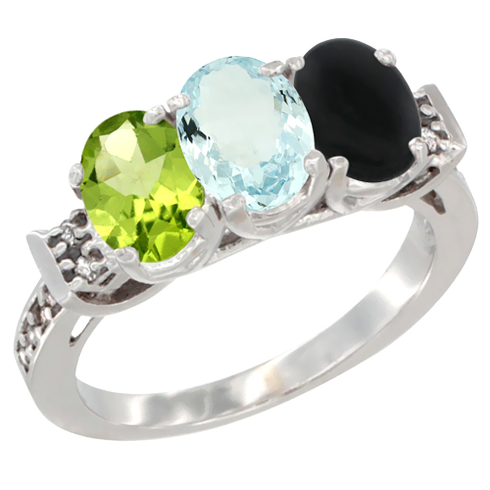 14K White Gold Natural Peridot, Aquamarine & Black Onyx Ring 3-Stone 7x5 mm Oval Diamond Accent, sizes 5 - 10