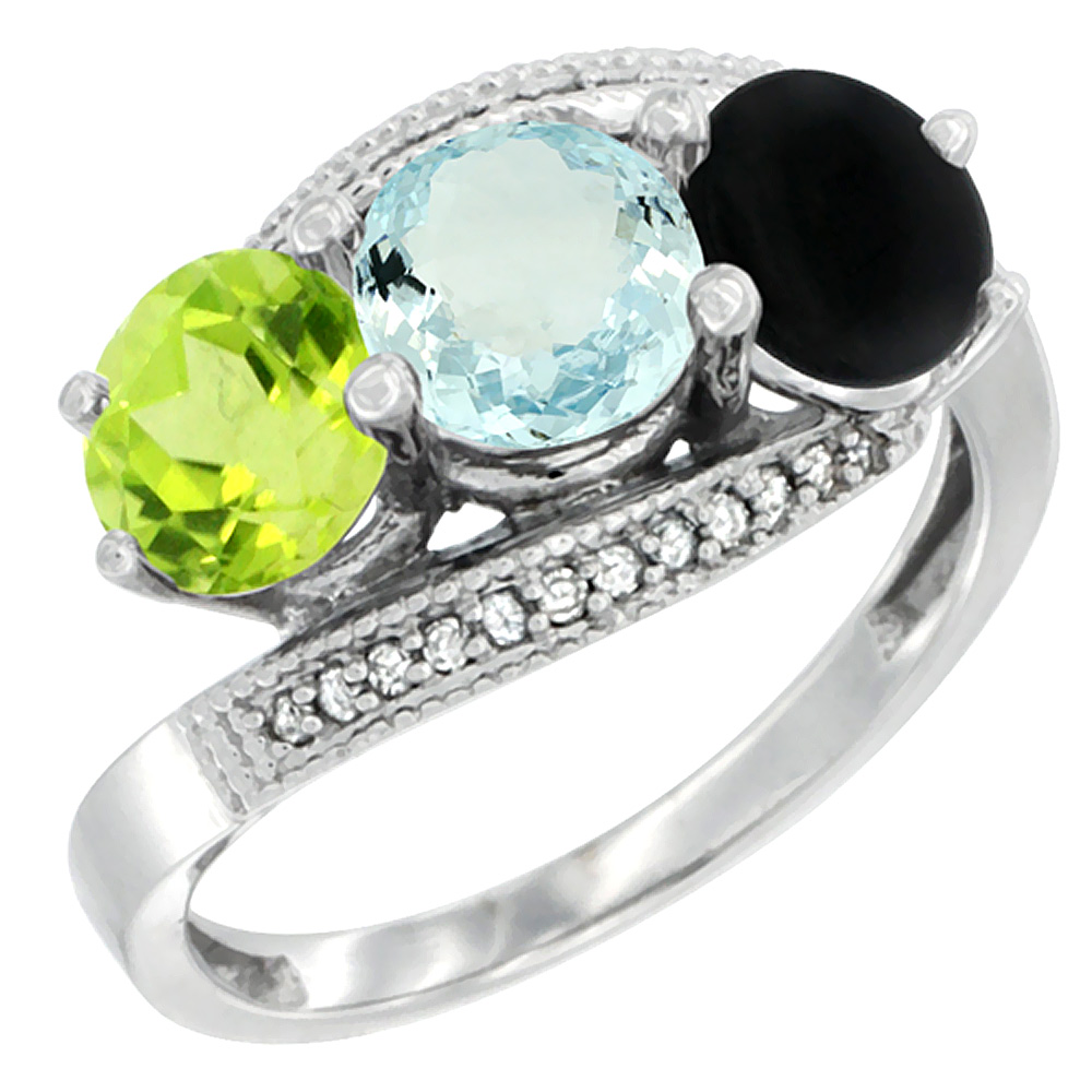 14K White Gold Natural Peridot, Aquamarine & Black Onyx 3 stone Ring Round 6mm Diamond Accent, sizes 5 - 10