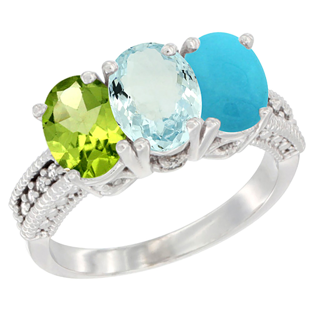 10K White Gold Natural Peridot, Aquamarine & Turquoise Ring 3-Stone Oval 7x5 mm Diamond Accent, sizes 5 - 10