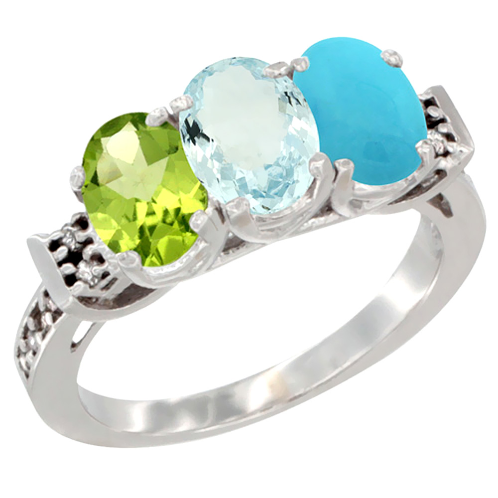 10K White Gold Natural Peridot, Aquamarine & Turquoise Ring 3-Stone Oval 7x5 mm Diamond Accent, sizes 5 - 10