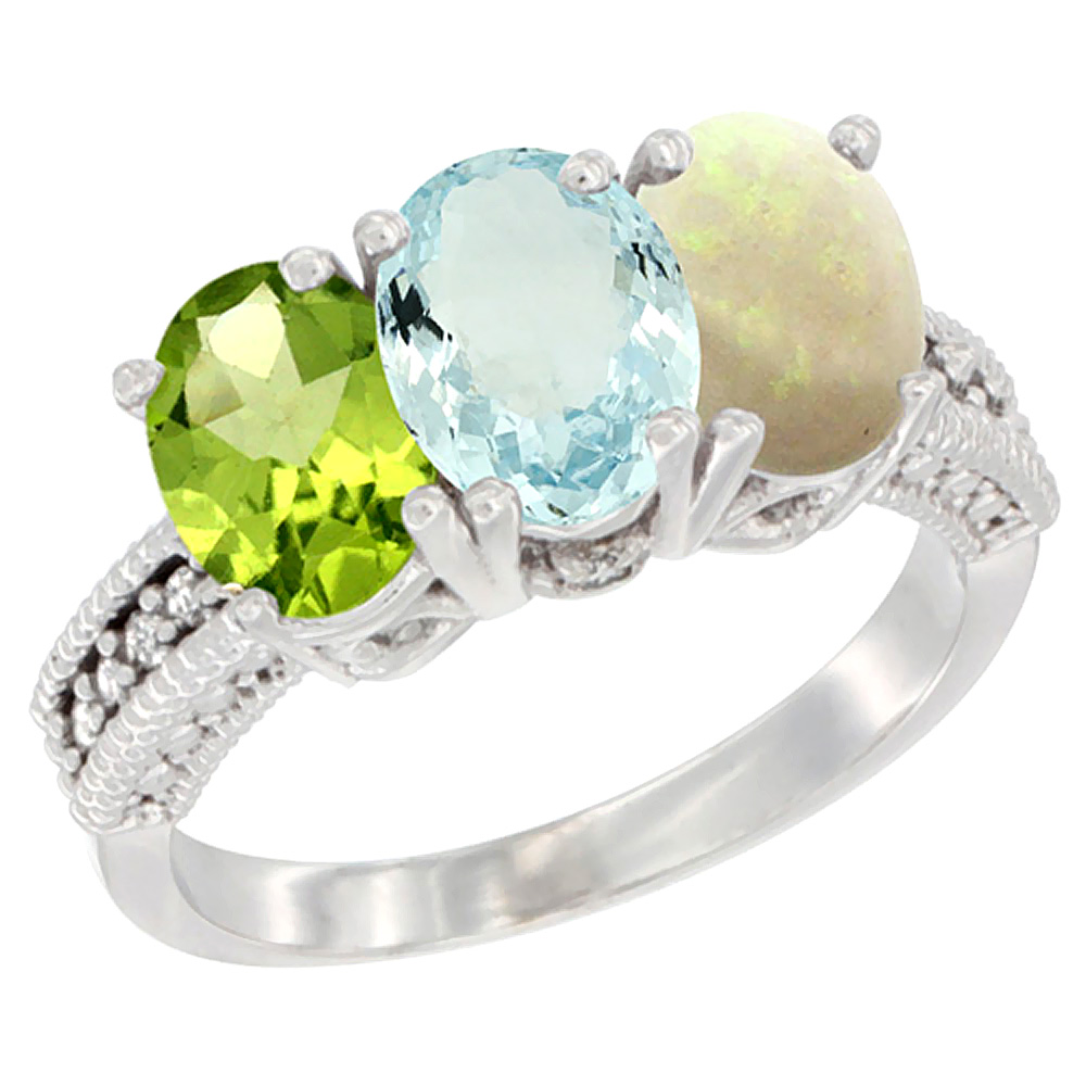 14K White Gold Natural Peridot, Aquamarine & Opal Ring 3-Stone 7x5 mm Oval Diamond Accent, sizes 5 - 10