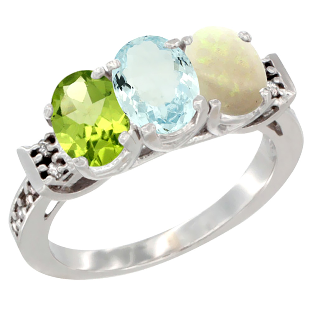 14K White Gold Natural Peridot, Aquamarine & Opal Ring 3-Stone 7x5 mm Oval Diamond Accent, sizes 5 - 10