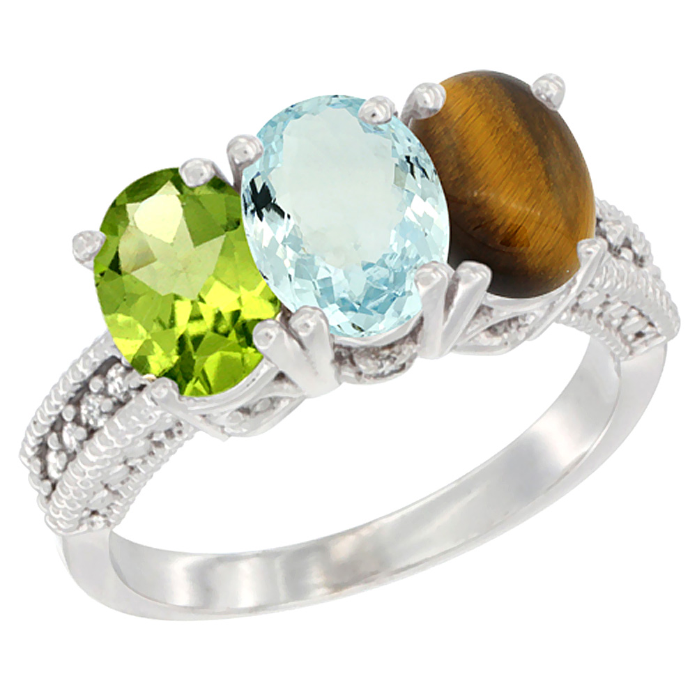 10K White Gold Natural Peridot, Aquamarine & Tiger Eye Ring 3-Stone Oval 7x5 mm Diamond Accent, sizes 5 - 10