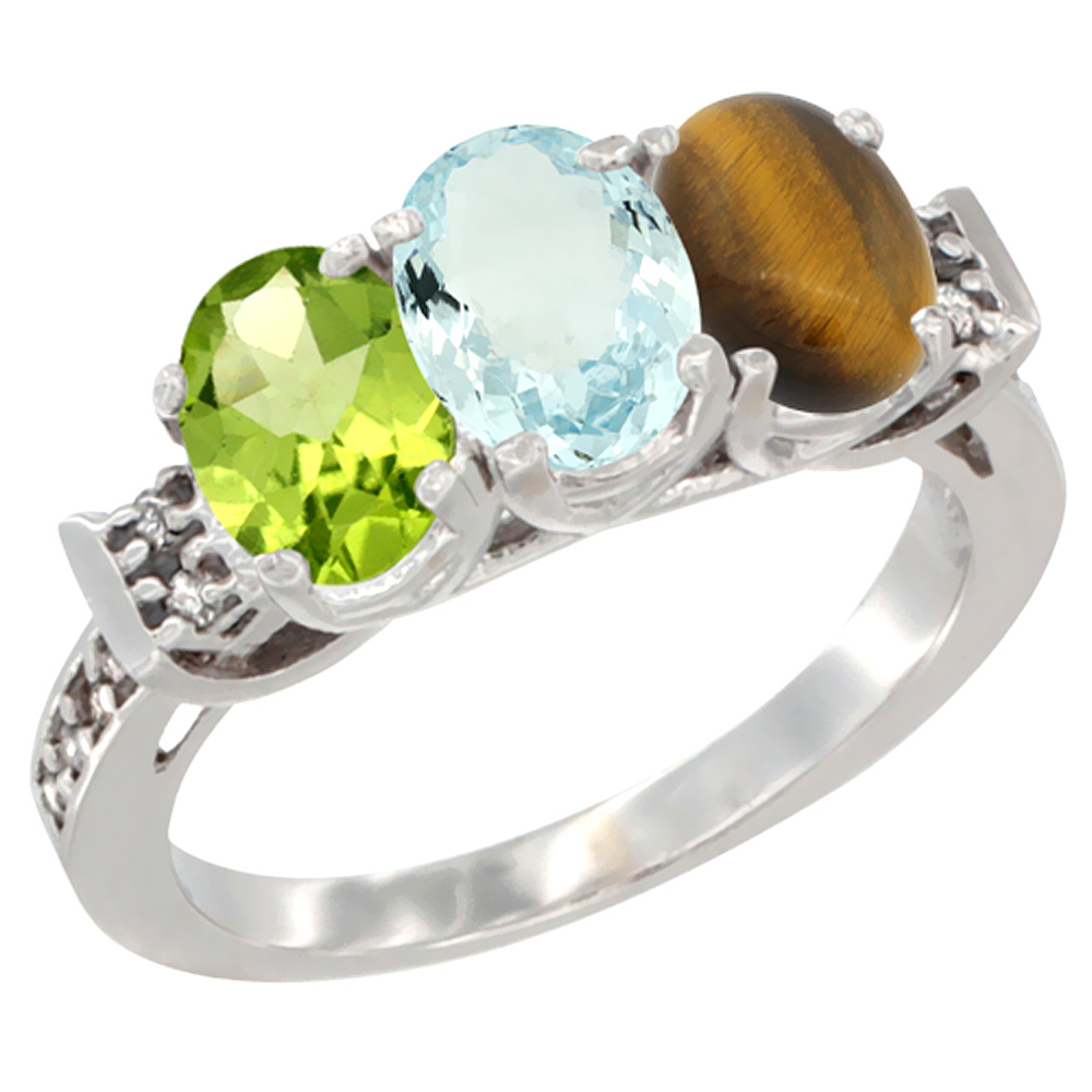 10K White Gold Natural Peridot, Aquamarine & Tiger Eye Ring 3-Stone Oval 7x5 mm Diamond Accent, sizes 5 - 10