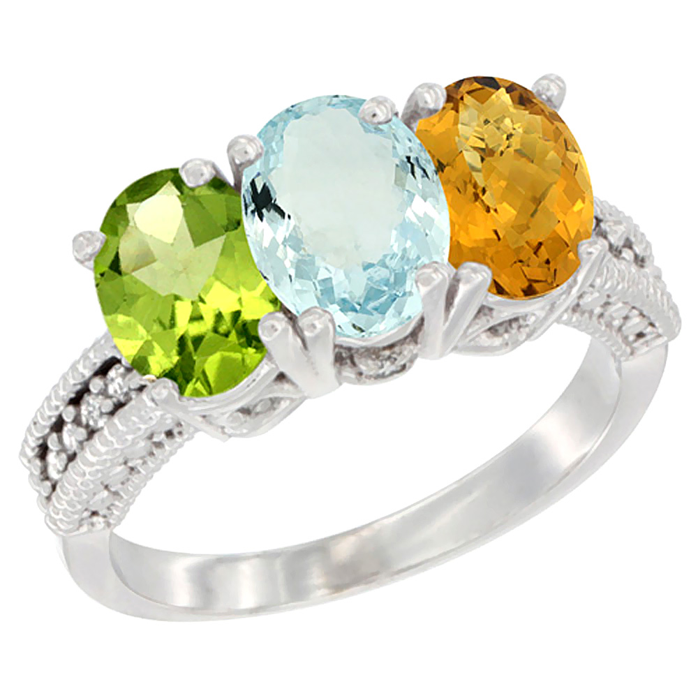 14K White Gold Natural Peridot, Aquamarine &amp; Whisky Quartz Ring 3-Stone Oval 7x5 mm Diamond Accent, sizes 5 - 10