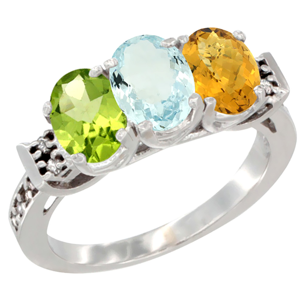 10K White Gold Natural Peridot, Aquamarine & Whisky Quartz Ring 3-Stone Oval 7x5 mm Diamond Accent, sizes 5 - 10