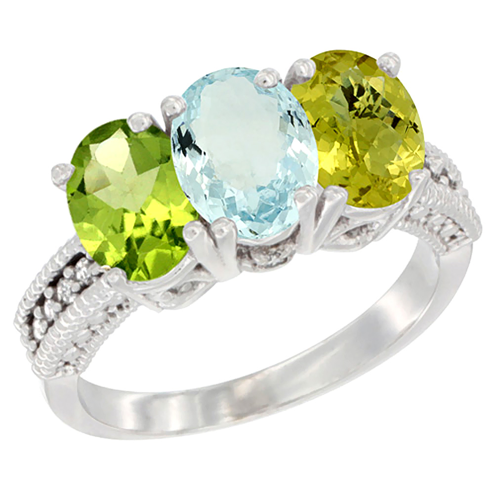 14K White Gold Natural Peridot, Aquamarine & Lemon Quartz Ring 3-Stone Oval 7x5 mm Diamond Accent, sizes 5 - 10