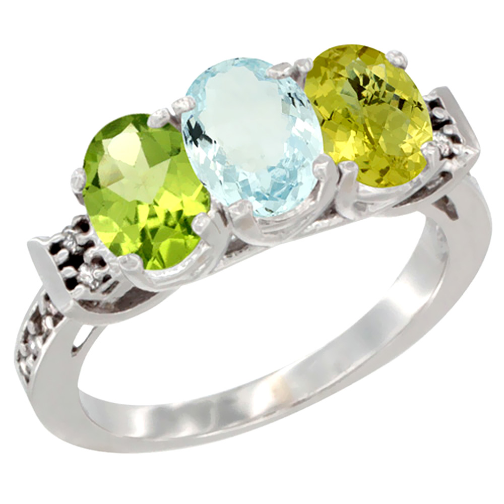 14K White Gold Natural Peridot, Aquamarine & Lemon Quartz Ring 3-Stone Oval 7x5 mm Diamond Accent, sizes 5 - 10