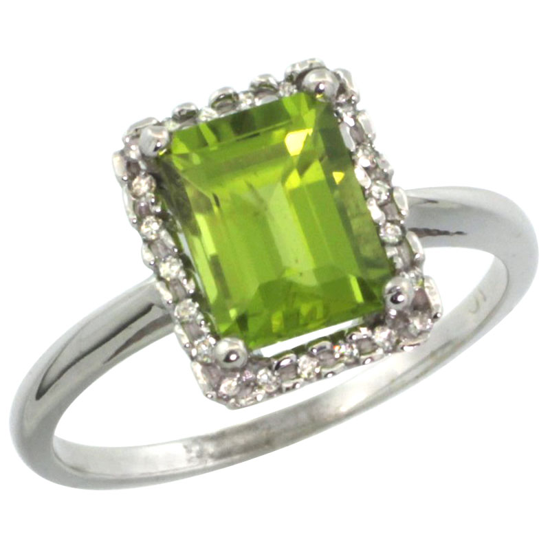 10K White Gold Diamond Natural Peridot Ring Emerald-cut 8x6mm, sizes 5-10