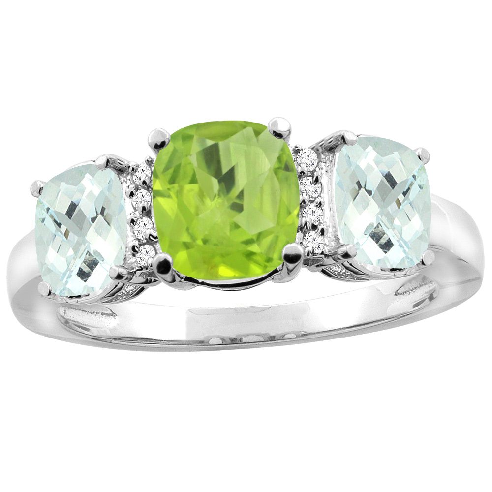 10K White Gold Natural Peridot & Aquamarine 3-stone Ring Cushion 8x6mm Diamond Accent, sizes 5 - 10