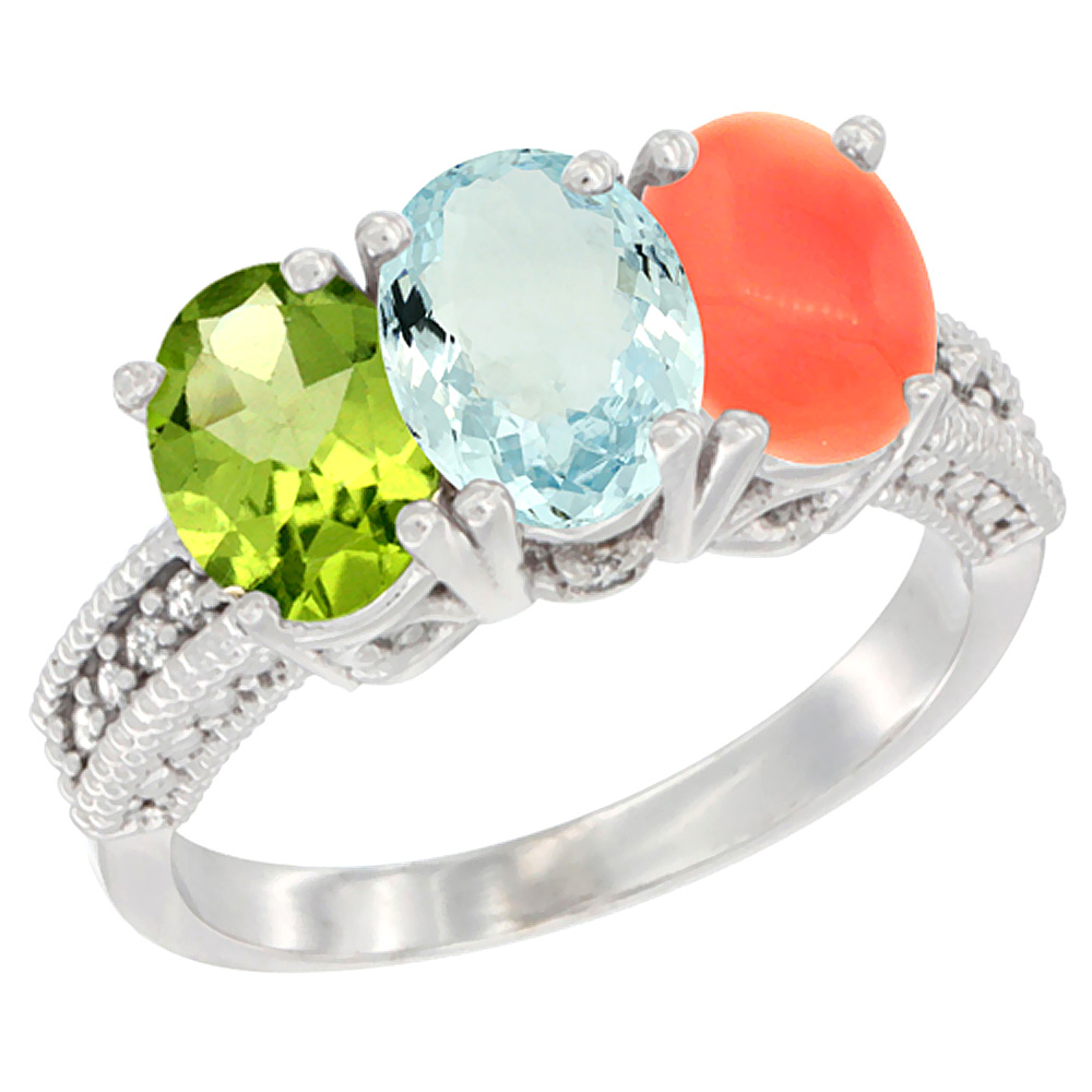 14K White Gold Natural Peridot, Aquamarine & Coral Ring 3-Stone Oval 7x5 mm Diamond Accent, sizes 5 - 10