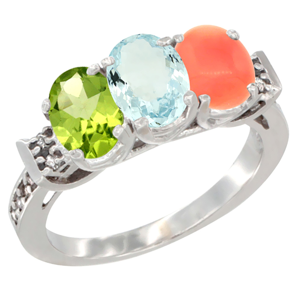 10K White Gold Natural Peridot, Aquamarine & Coral Ring 3-Stone Oval 7x5 mm Diamond Accent, sizes 5 - 10