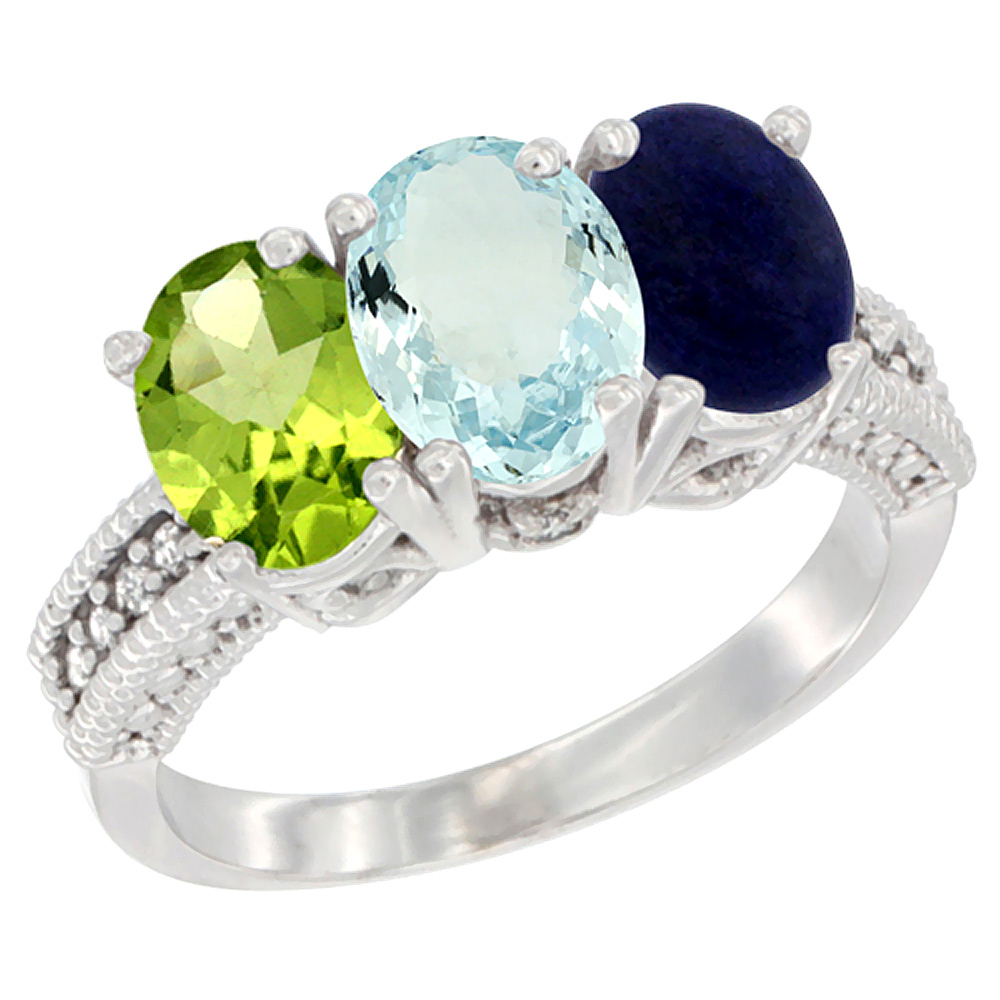 10K White Gold Natural Peridot, Aquamarine & Lapis Ring 3-Stone Oval 7x5 mm Diamond Accent, sizes 5 - 10