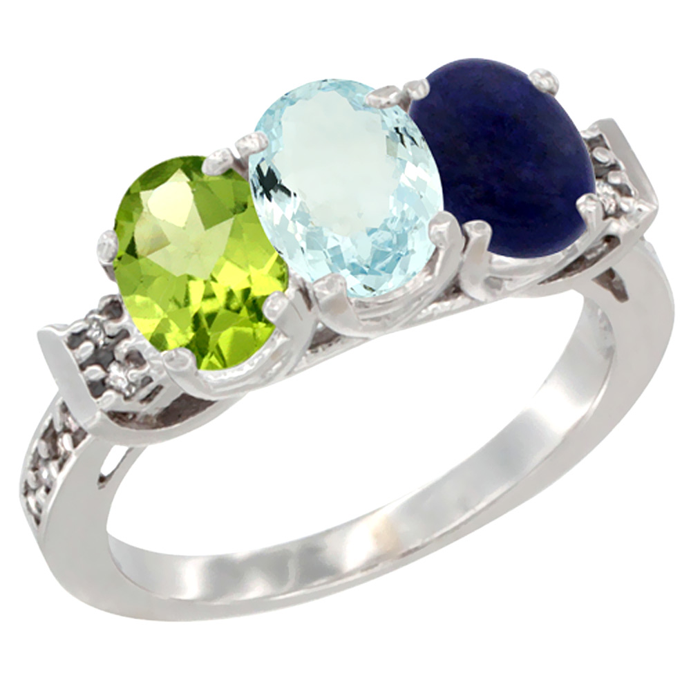 10K White Gold Natural Peridot, Aquamarine & Lapis Ring 3-Stone Oval 7x5 mm Diamond Accent, sizes 5 - 10