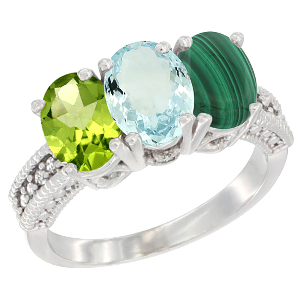 10K White Gold Natural Peridot, Aquamarine & Malachite Ring 3-Stone Oval 7x5 mm Diamond Accent, sizes 5 - 10