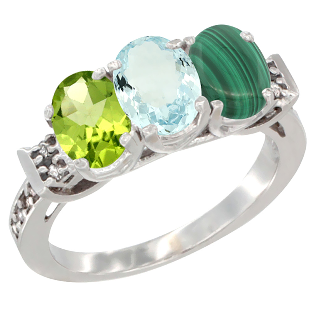 10K White Gold Natural Peridot, Aquamarine & Malachite Ring 3-Stone Oval 7x5 mm Diamond Accent, sizes 5 - 10