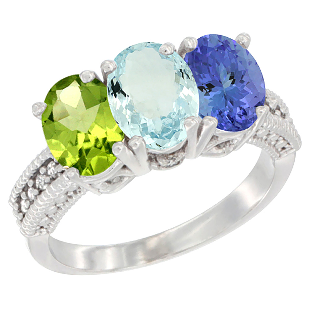 14K White Gold Natural Peridot, Aquamarine &amp; Tanzanite Ring 3-Stone Oval 7x5 mm Diamond Accent, sizes 5 - 10