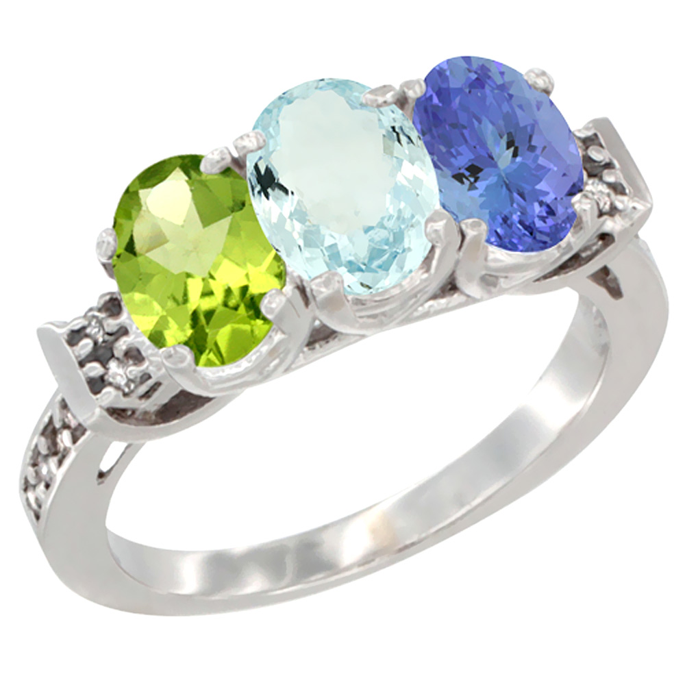 14K White Gold Natural Peridot, Aquamarine & Tanzanite Ring 3-Stone Oval 7x5 mm Diamond Accent, sizes 5 - 10