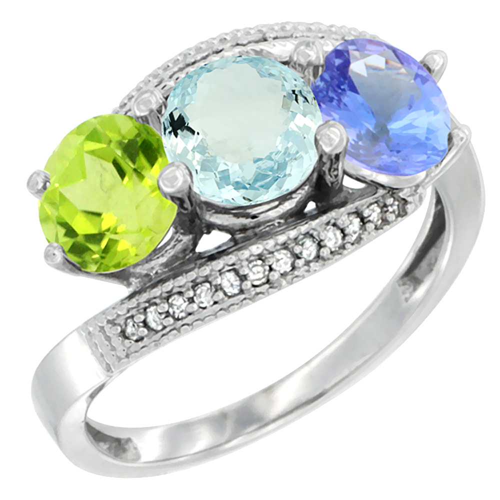 14K White Gold Natural Peridot, Aquamarine &amp; Tanzanite 3 stone Ring Round 6mm Diamond Accent, sizes 5 - 10