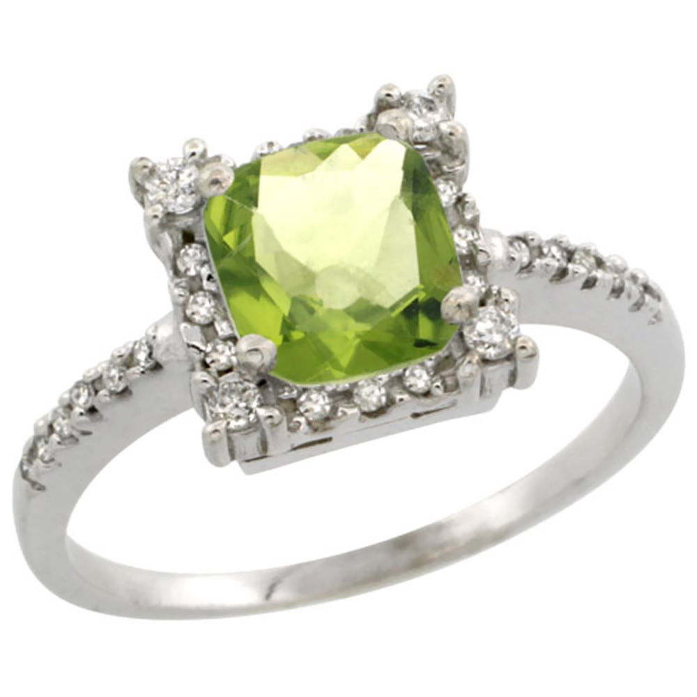 10k White Gold Natural Peridot Ring Cushion-cut 6x6mm Diamond Halo, sizes 5-10