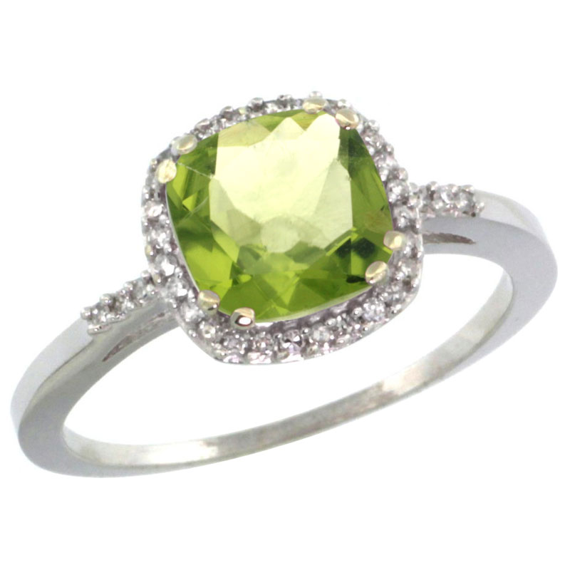 14K White Gold Diamond Natural Peridot Ring Cushion-cut 7x7mm, sizes 5-10