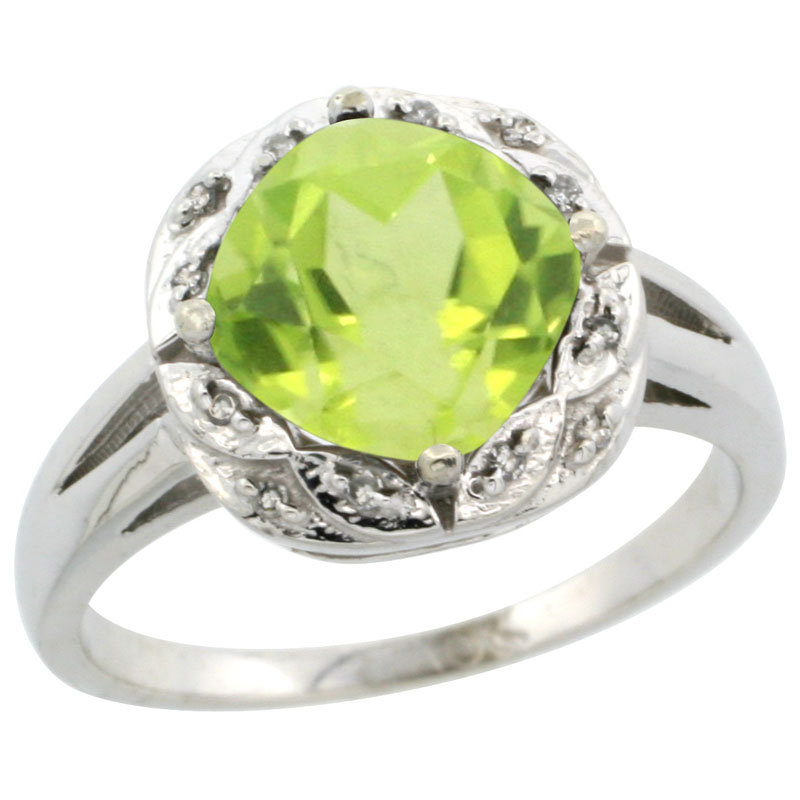 10k White Gold Natural Peridot Ring Cushion-cut 8x8mm Diamond Halo, sizes 5-10