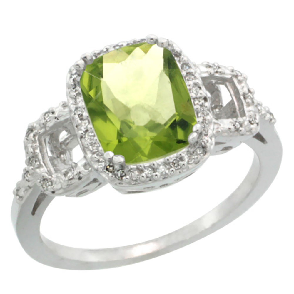 14K White Gold Diamond Natural Peridot Ring Cushion-cut 9x7mm, sizes 5-10