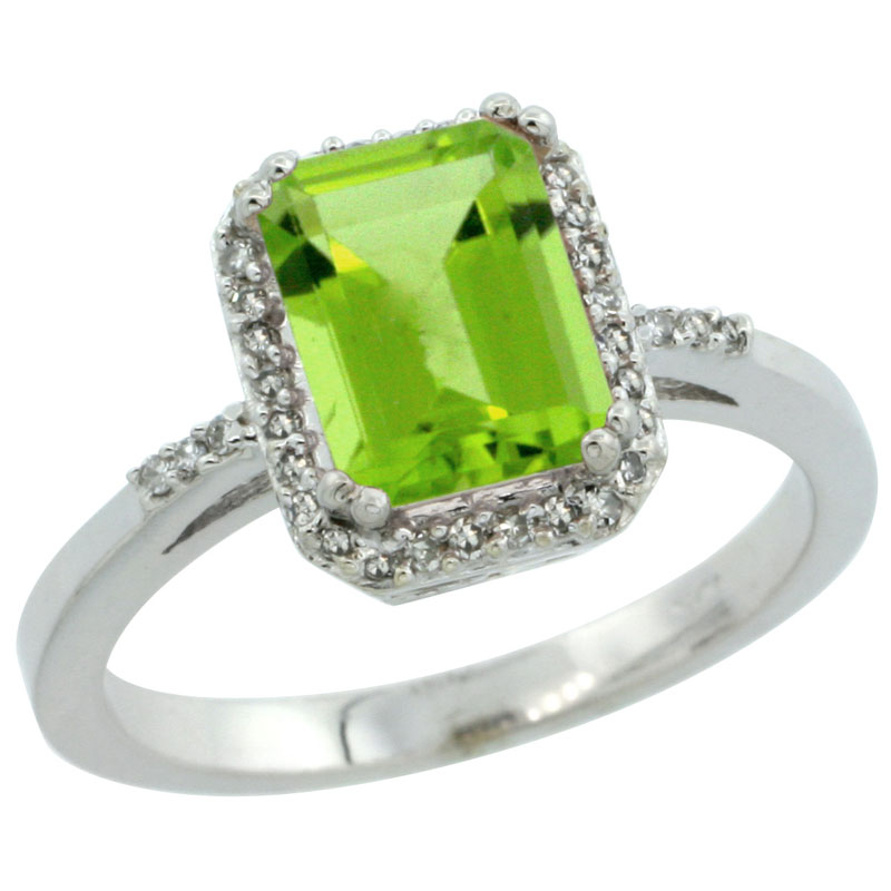 14K White Gold Diamond Natural Peridot Ring Emerald-cut 8x6mm, sizes 5-10