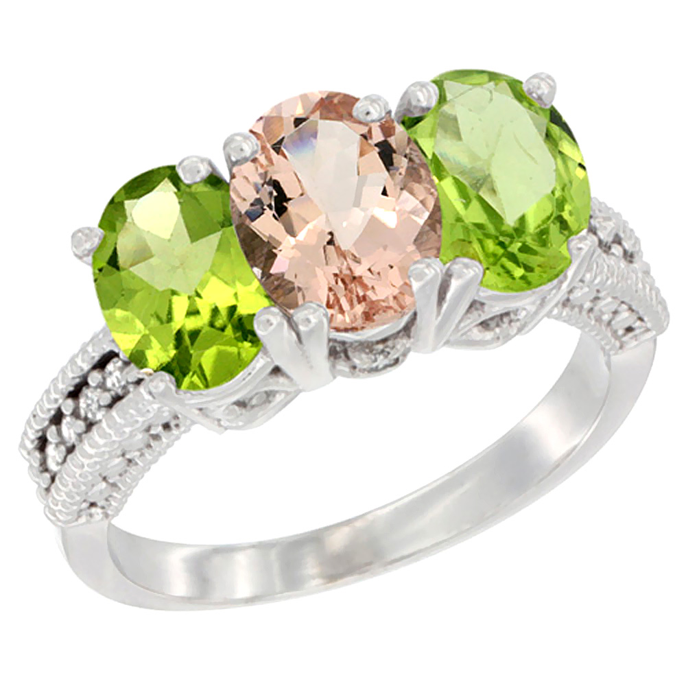 14K White Gold Natural Morganite & Peridot Sides Ring 3-Stone Oval 7x5 mm Diamond Accent, sizes 5 - 10