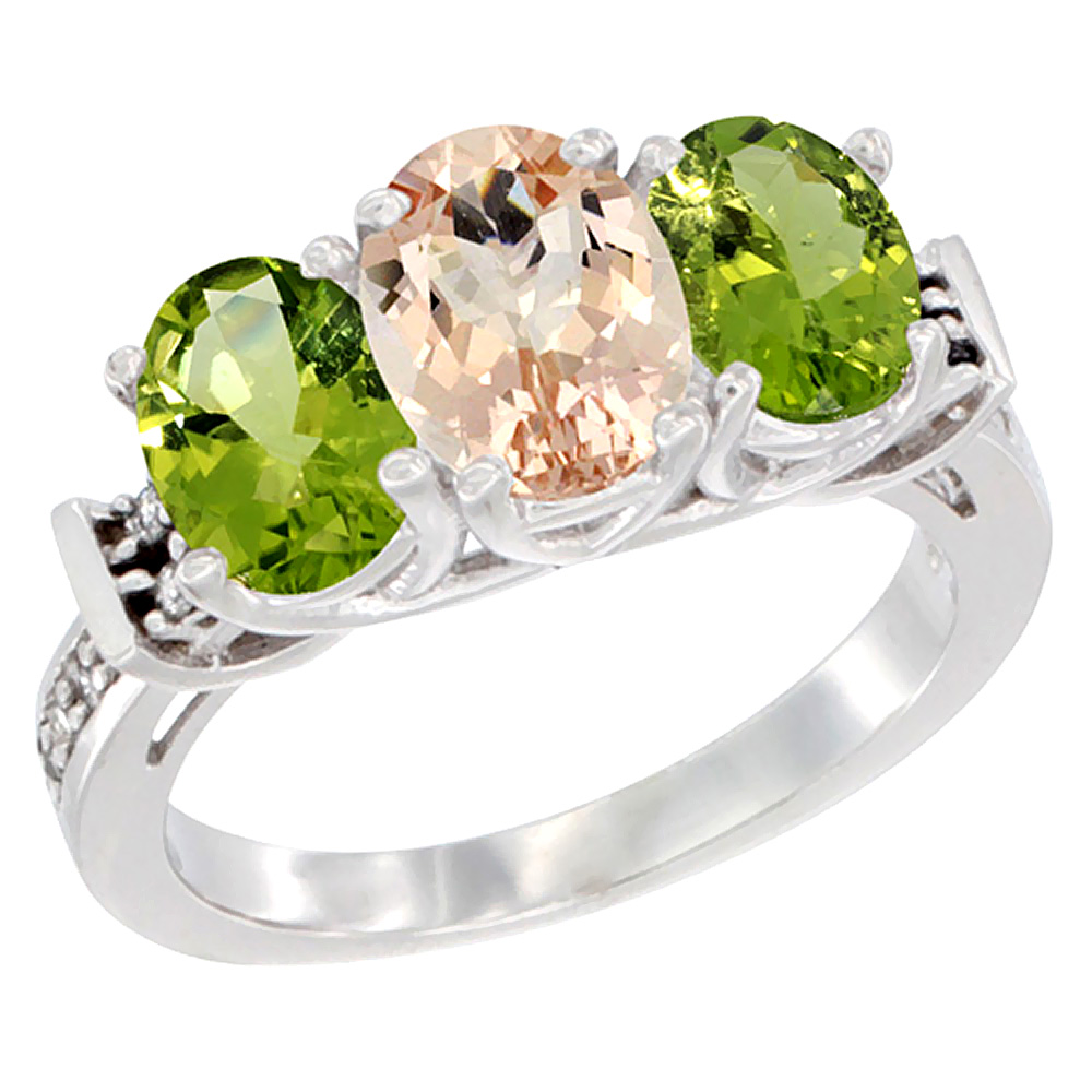 14K White Gold Natural Morganite &amp; Peridot Sides Ring 3-Stone Oval Diamond Accent, sizes 5 - 10