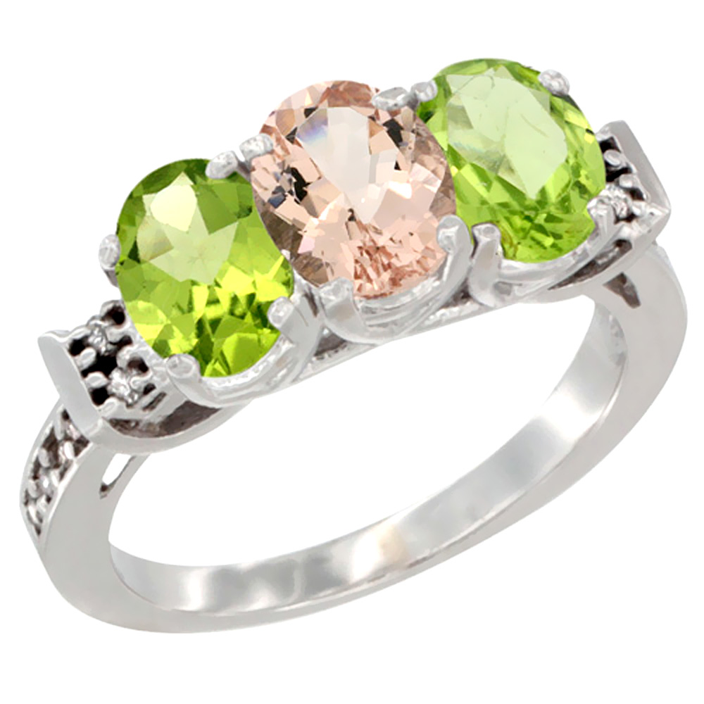 14K White Gold Natural Morganite &amp; Peridot Sides Ring 3-Stone Oval 7x5 mm Diamond Accent, sizes 5 - 10