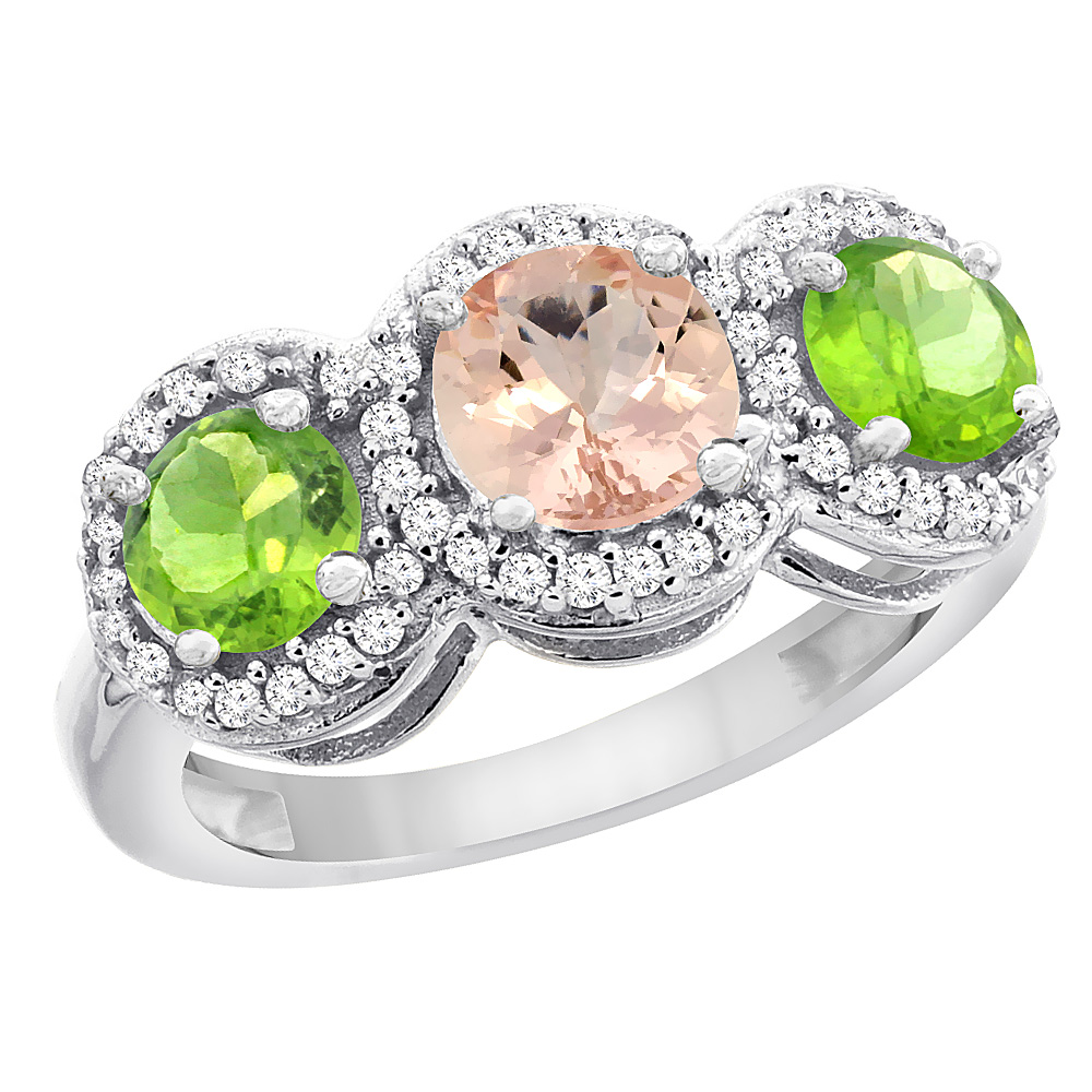 14K White Gold Natural Morganite & Peridot Sides Round 3-stone Ring Diamond Accents, sizes 5 - 10