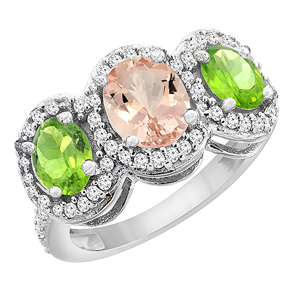 14K White Gold Natural Morganite &amp; Peridot 3-Stone Ring Oval Diamond Accent, sizes 5 - 10