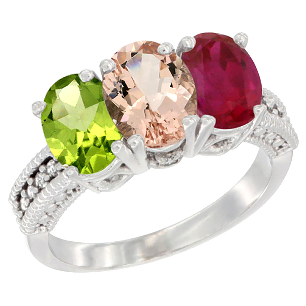 10K White Gold Natural Peridot, Morganite & Enhanced Ruby Ring 3-Stone Oval 7x5 mm Diamond Accent, sizes 5 - 10