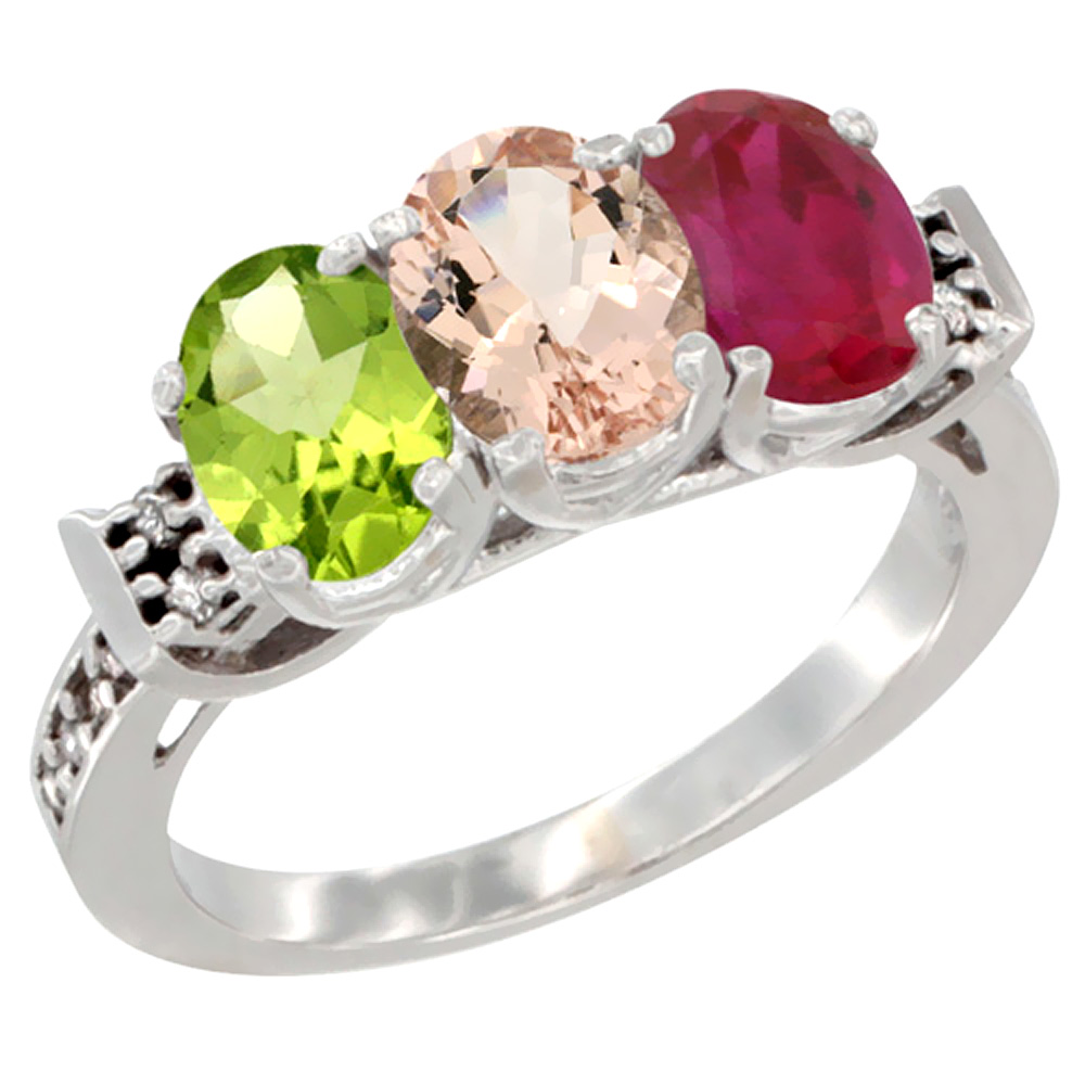 14K White Gold Natural Peridot, Morganite &amp; Enhanced Ruby Ring 3-Stone Oval 7x5 mm Diamond Accent, sizes 5 - 10