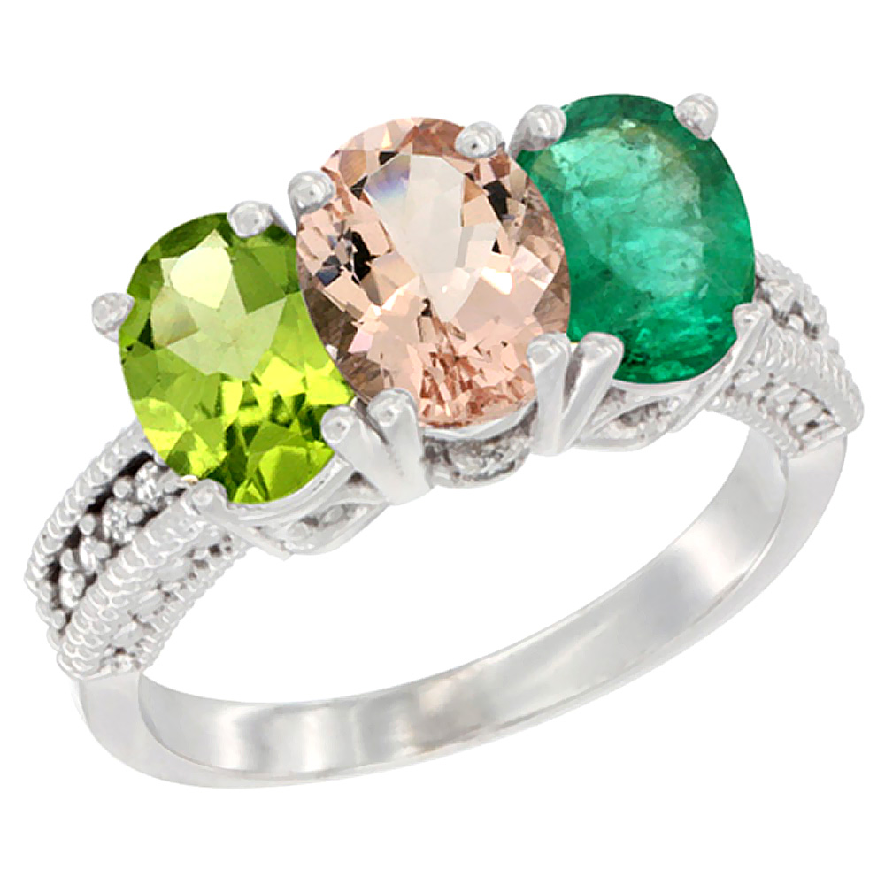 10K White Gold Natural Peridot, Morganite & Emerald Ring 3-Stone Oval 7x5 mm Diamond Accent, sizes 5 - 10