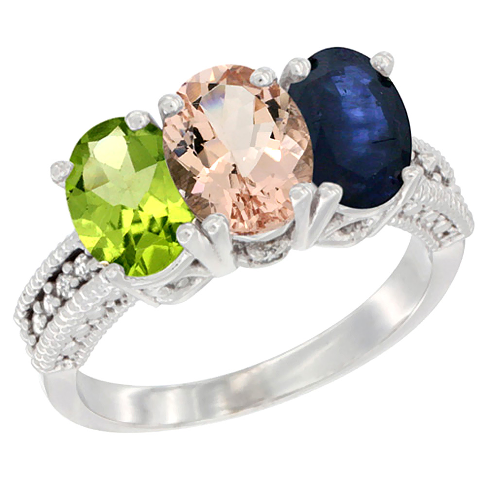 14K White Gold Natural Peridot, Morganite &amp; Blue Sapphire Ring 3-Stone Oval 7x5 mm Diamond Accent, sizes 5 - 10