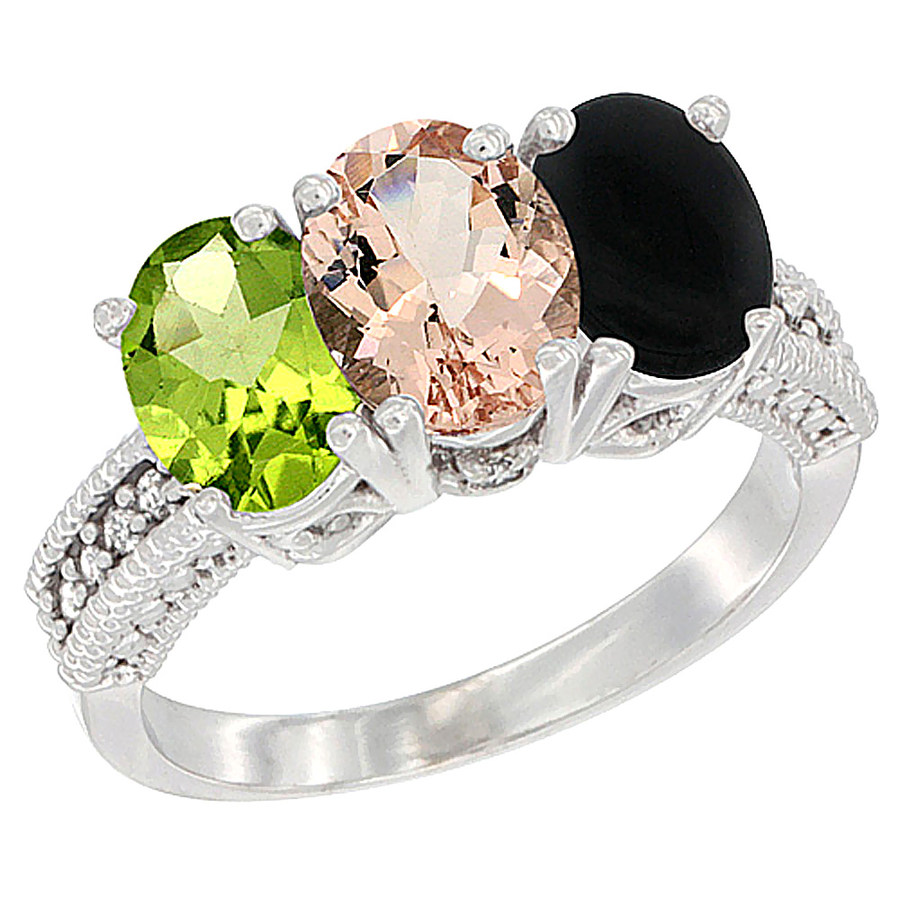 10K White Gold Natural Peridot, Morganite & Black Onyx Ring 3-Stone Oval 7x5 mm Diamond Accent, sizes 5 - 10