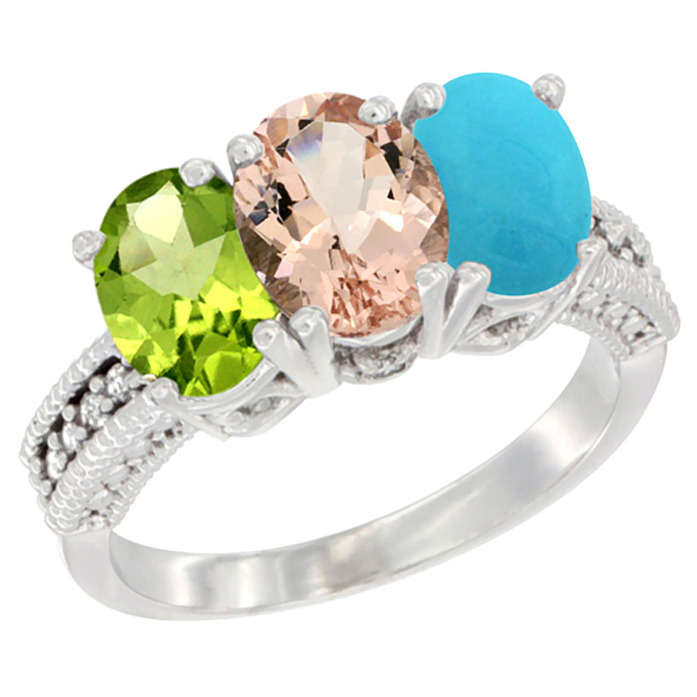 14K White Gold Natural Peridot, Morganite & Turquoise Ring 3-Stone Oval 7x5 mm Diamond Accent, sizes 5 - 10