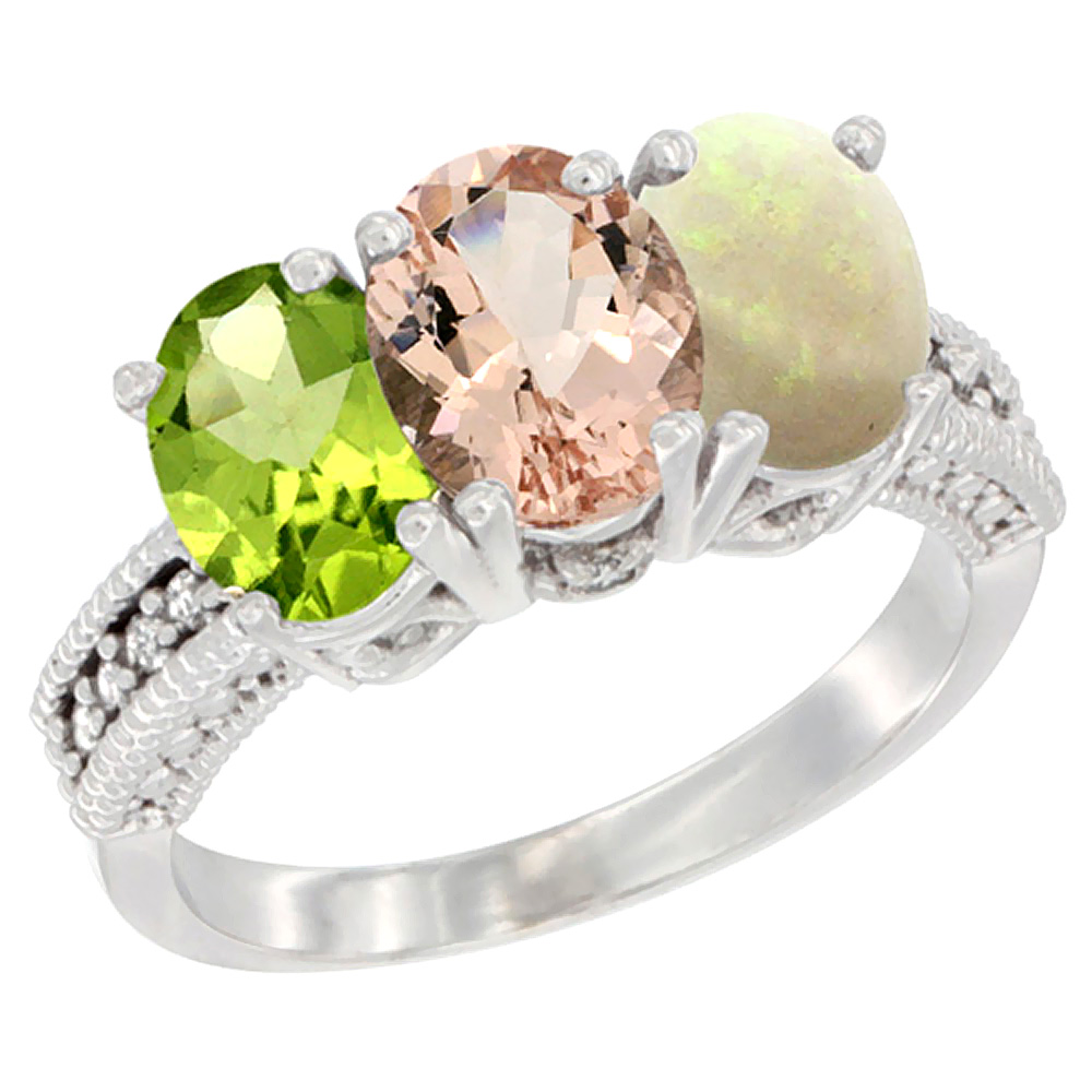 10K White Gold Natural Peridot, Morganite & Opal Ring 3-Stone Oval 7x5 mm Diamond Accent, sizes 5 - 10