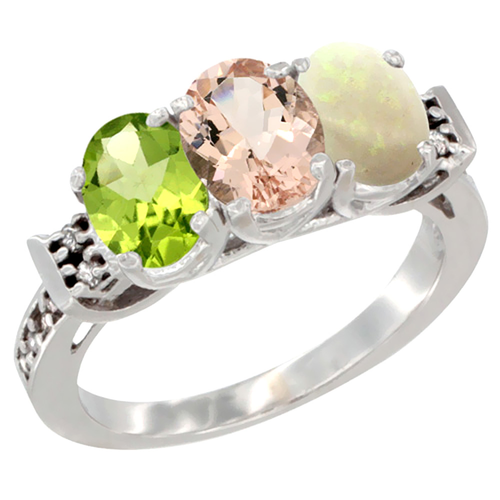 10K White Gold Natural Peridot, Morganite & Opal Ring 3-Stone Oval 7x5 mm Diamond Accent, sizes 5 - 10