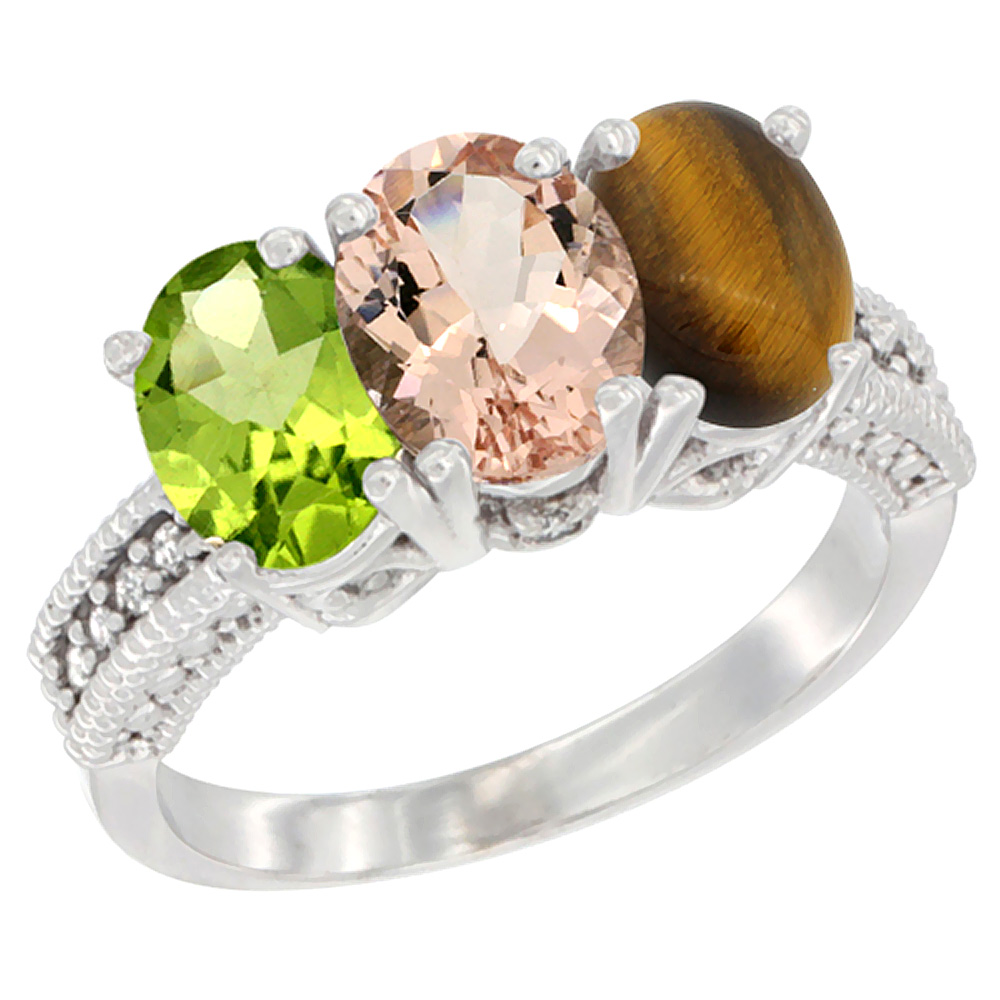 14K White Gold Natural Peridot, Morganite &amp; Tiger Eye Ring 3-Stone Oval 7x5 mm Diamond Accent, sizes 5 - 10