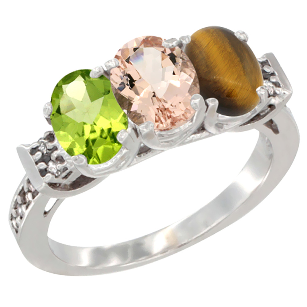 14K White Gold Natural Peridot, Morganite & Tiger Eye Ring 3-Stone Oval 7x5 mm Diamond Accent, sizes 5 - 10