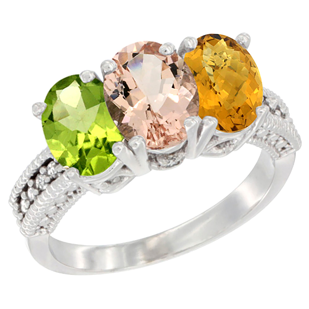 14K White Gold Natural Peridot, Morganite & Whisky Quartz Ring 3-Stone Oval 7x5 mm Diamond Accent, sizes 5 - 10