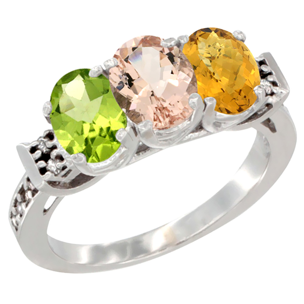 14K White Gold Natural Peridot, Morganite & Whisky Quartz Ring 3-Stone Oval 7x5 mm Diamond Accent, sizes 5 - 10