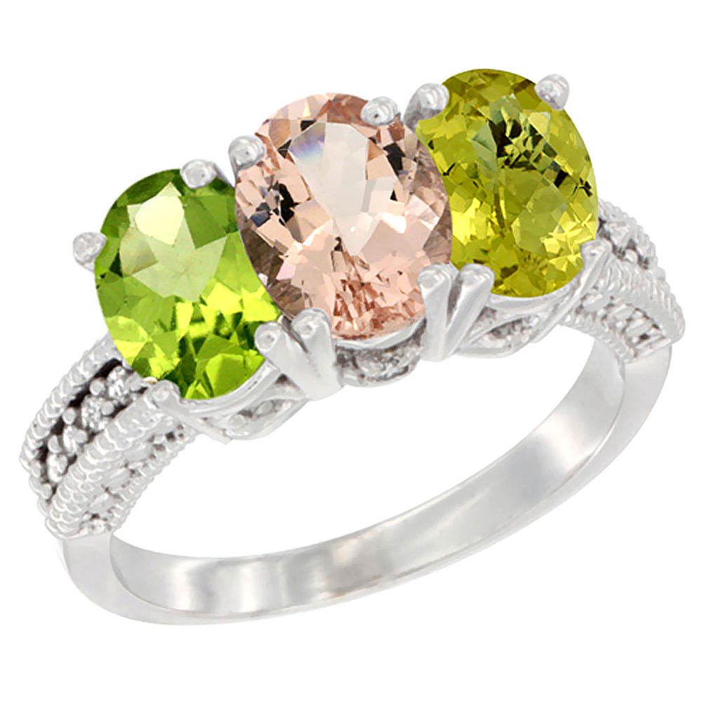 14K White Gold Natural Peridot, Morganite & Lemon Quartz Ring 3-Stone Oval 7x5 mm Diamond Accent, sizes 5 - 10